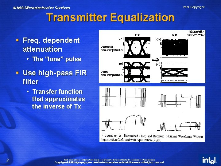 Intel® Microelectronics Services Transmitter Equalization § Freq. dependent attenuation • The “lone” pulse §