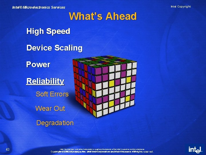 Intel Copyright Intel® Microelectronics Services What’s Ahead High Speed Device Scaling Power Reliability Soft