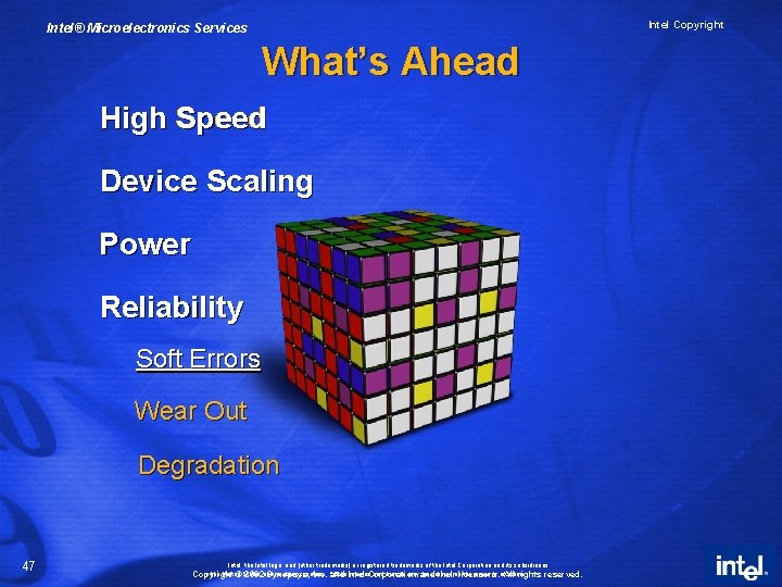 Intel Copyright Intel® Microelectronics Services What’s Ahead High Speed Device Scaling Power Reliability Soft