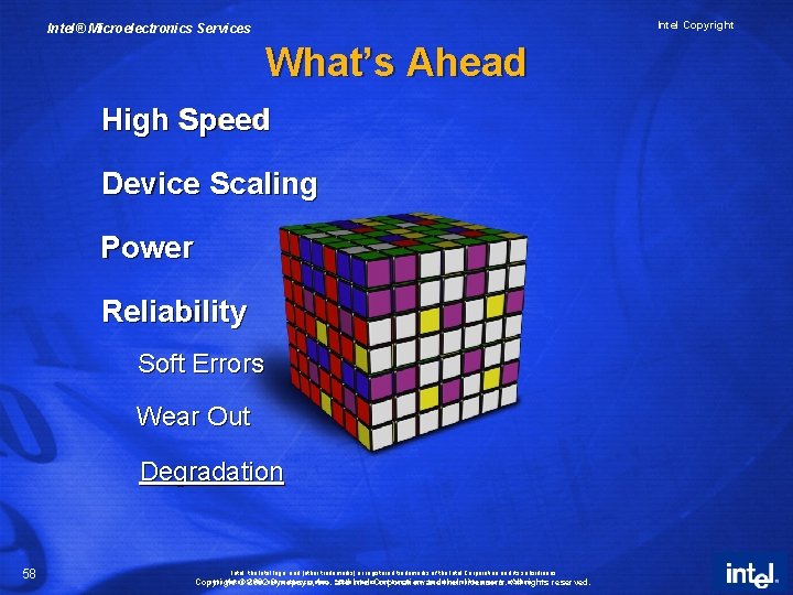 Intel Copyright Intel® Microelectronics Services What’s Ahead High Speed Device Scaling Power Reliability Soft