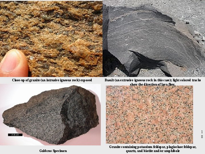 Close-up of granite (an intrusive igneous rock) exposed Basalt (an extrusive igneous rock in
