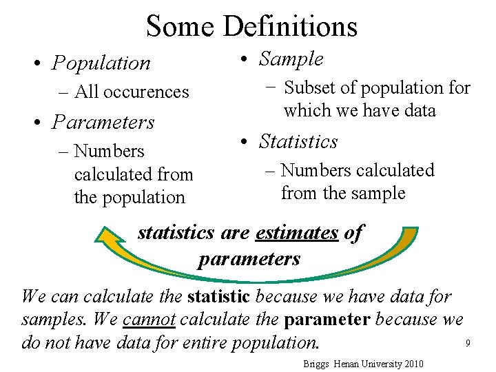 Some Definitions • Population – All occurences • Parameters – Numbers calculated from the