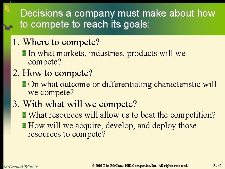 Decisions a company must make about how to compete to reach its goals: 1.