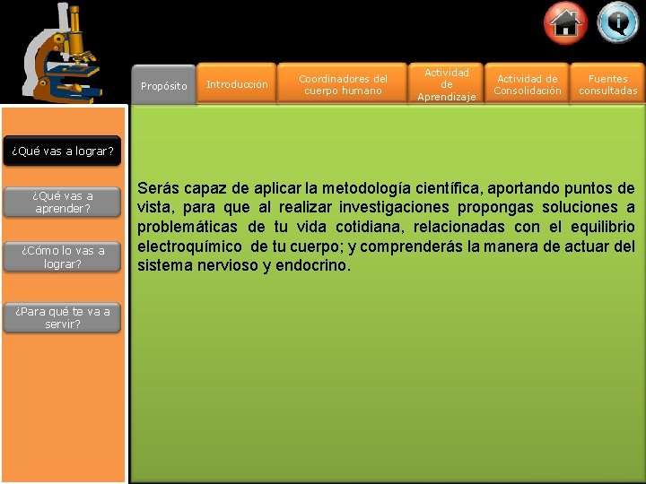 Propósito Introducción Coordinadores del cuerpo humano Actividad de Aprendizaje Actividad de Consolidación Fuentes consultadas