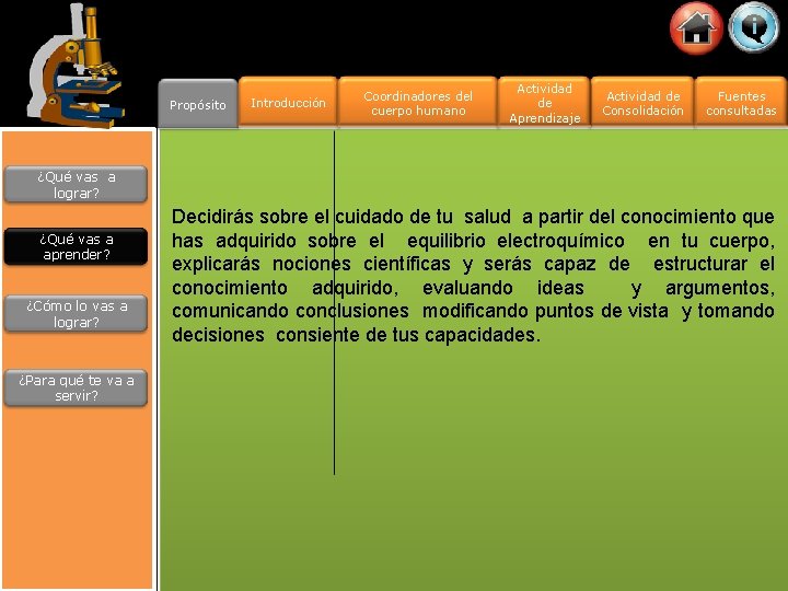 Propósito Introducción Coordinadores del cuerpo humano Actividad de Aprendizaje Actividad de Consolidación Fuentes consultadas