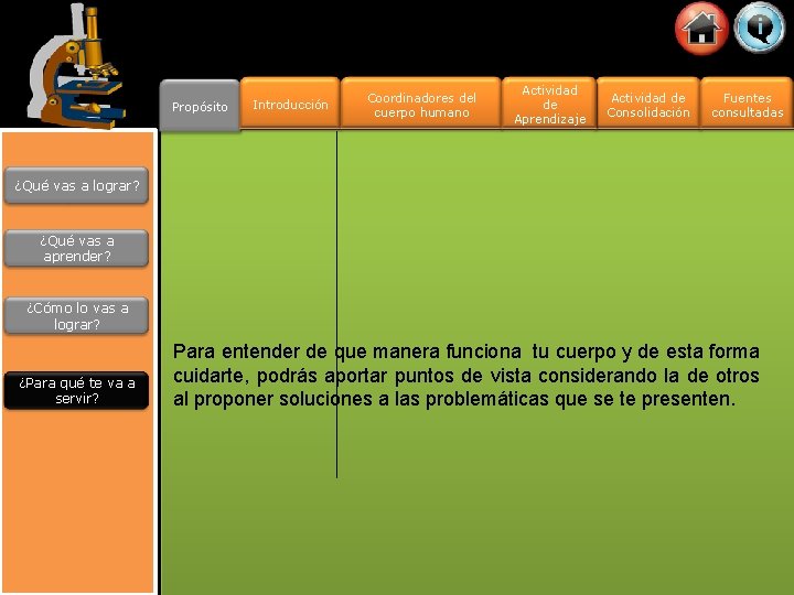 Propósito Introducción Coordinadores del cuerpo humano Actividad de Aprendizaje Actividad de Consolidación Fuentes consultadas