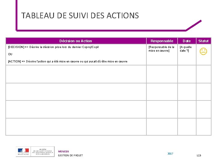 TABLEAU DE SUIVI DES ACTIONS Décision ou Action [DECISION] => Décrire la décision prise