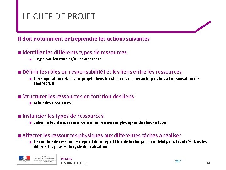 LE CHEF DE PROJET Il doit notamment entreprendre les actions suivantes ■ Identifier les