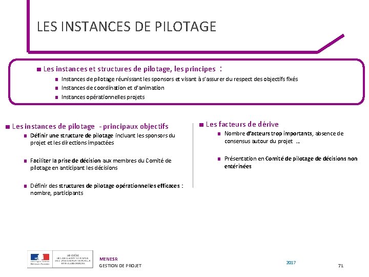 LES INSTANCES DE PILOTAGE ■ Les instances et structures de pilotage, les principes :