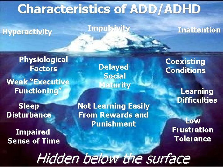 Characteristics of ADD/ADHD Hyperactivity Physiological Factors Weak “Executive Functioning” Sleep Disturbance Impaired Sense of