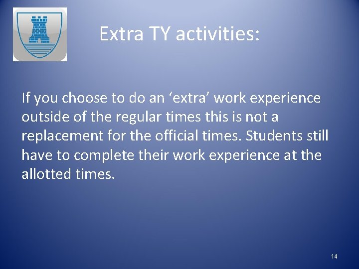 Extra TY activities: If you choose to do an ‘extra’ work experience outside of