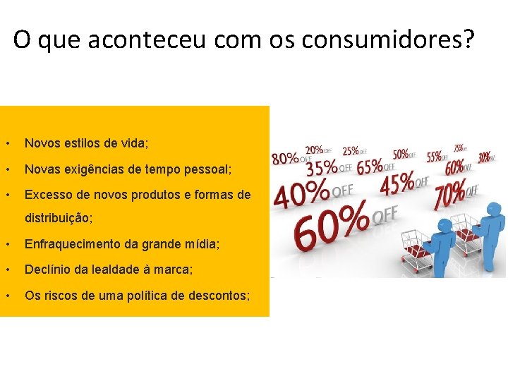 O que aconteceu com os consumidores? • Novos estilos de vida; • Novas exigências