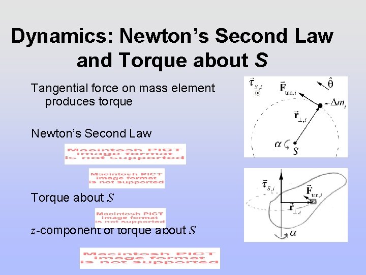 Dynamics: Newton’s Second Law and Torque about S Tangential force on mass element produces Dynamics: Newton’s Second Law and Torque about S Tangential force on mass element produces