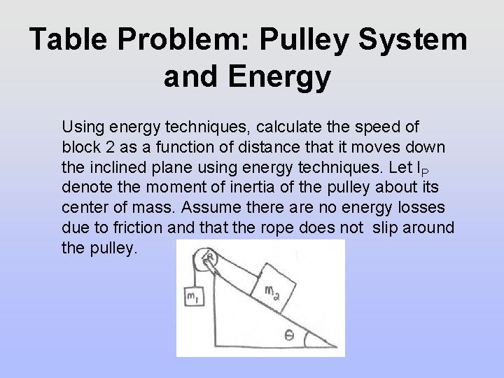 Table Problem: Pulley System and Energy Using energy techniques, calculate the speed of block Table Problem: Pulley System and Energy Using energy techniques, calculate the speed of block