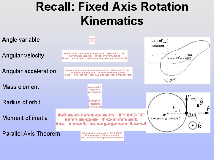 Recall: Fixed Axis Rotation Kinematics Angle variable Angular velocity Angular acceleration Mass element Radius Recall: Fixed Axis Rotation Kinematics Angle variable Angular velocity Angular acceleration Mass element Radius