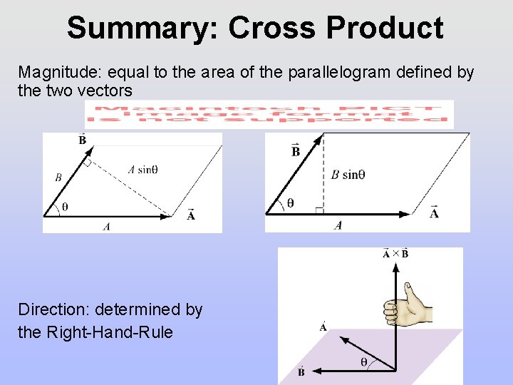 Summary: Cross Product Magnitude: equal to the area of the parallelogram defined by the Summary: Cross Product Magnitude: equal to the area of the parallelogram defined by the