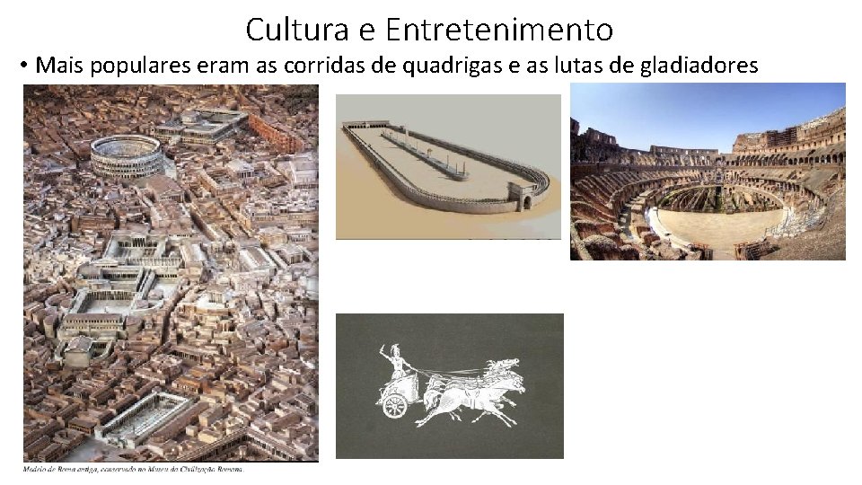 Cultura e Entretenimento • Mais populares eram as corridas de quadrigas e as lutas