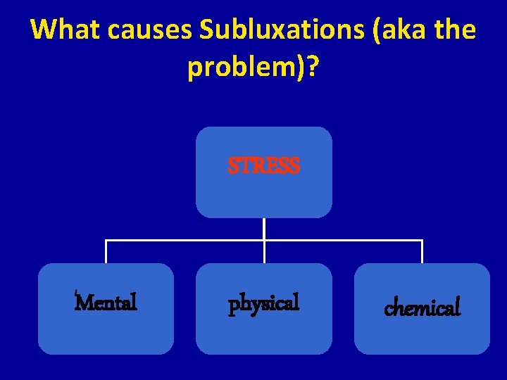 What causes Subluxations (aka the problem)? STRESS Mental physical chemical 