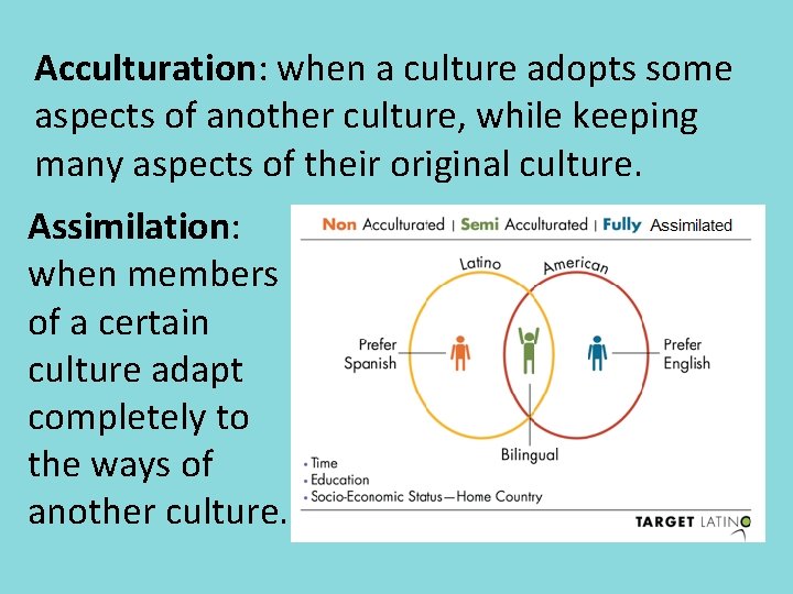 Acculturation: when a culture adopts some aspects of another culture, while keeping many aspects