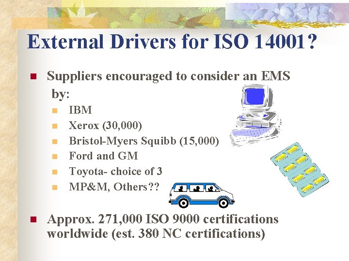 External Drivers for ISO 14001? n Suppliers encouraged to consider an EMS by: n