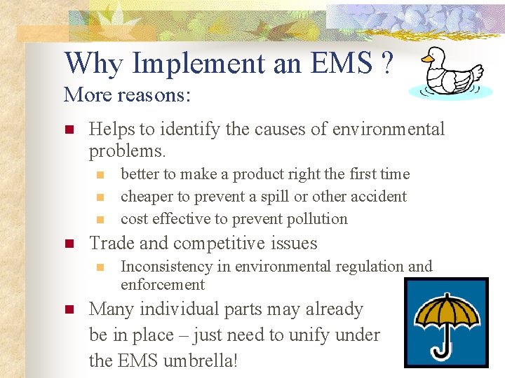 Why Implement an EMS ? More reasons: n Helps to identify the causes of
