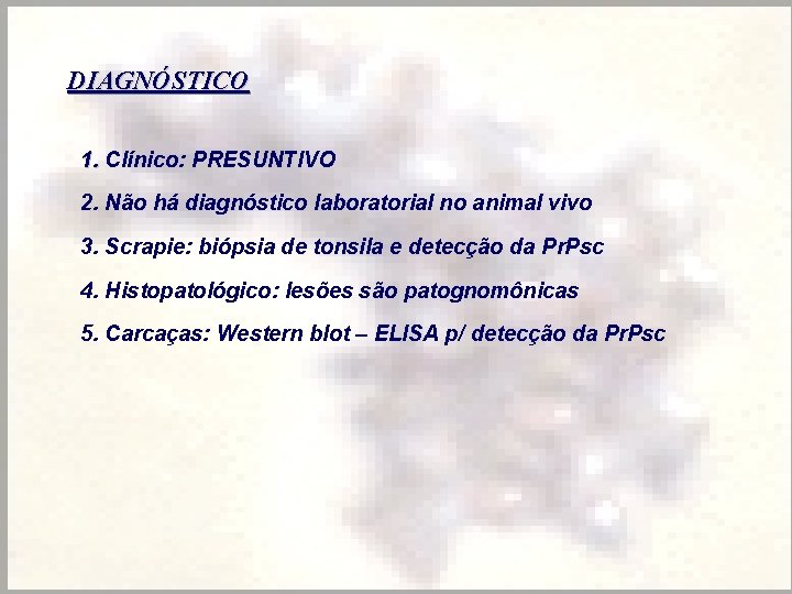 DIAGNÓSTICO 1. Clínico: PRESUNTIVO 2. Não há diagnóstico laboratorial no animal vivo 3. Scrapie: