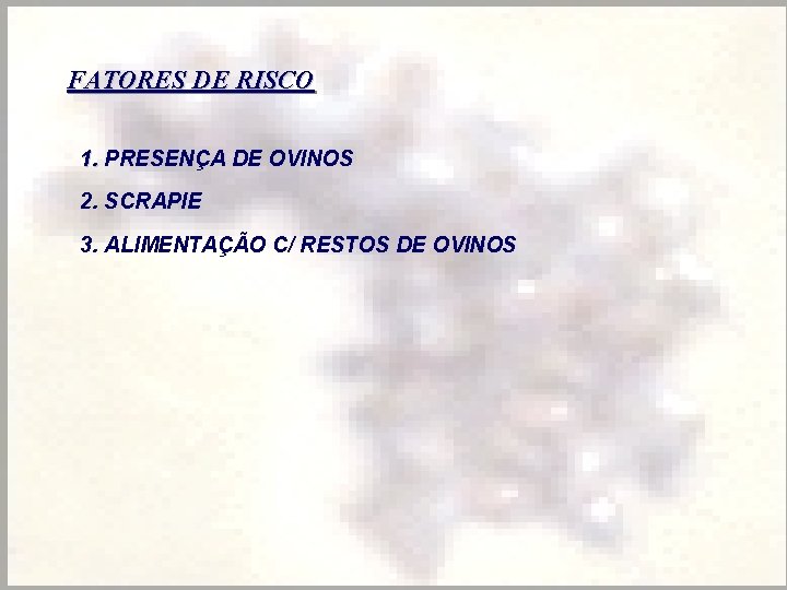 FATORES DE RISCO 1. PRESENÇA DE OVINOS 2. SCRAPIE 3. ALIMENTAÇÃO C/ RESTOS DE