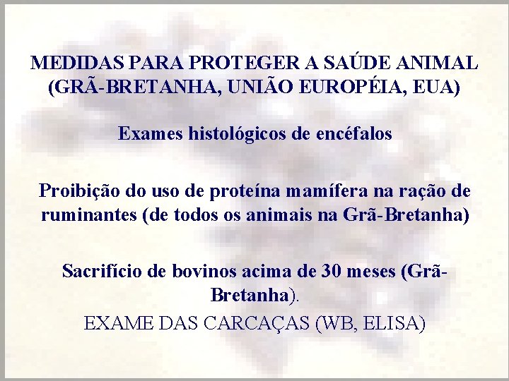 MEDIDAS PARA PROTEGER A SAÚDE ANIMAL (GRÃ-BRETANHA, UNIÃO EUROPÉIA, EUA) Exames histológicos de encéfalos