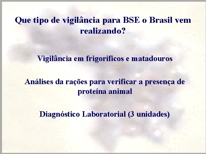 Que tipo de vigilância para BSE o Brasil vem realizando? Vigilância em frigoríficos e