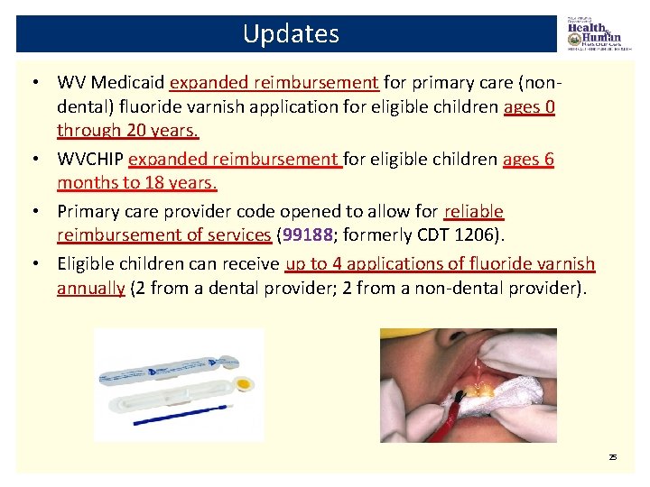 Updates • WV Medicaid expanded reimbursement for primary care (nondental) fluoride varnish application for