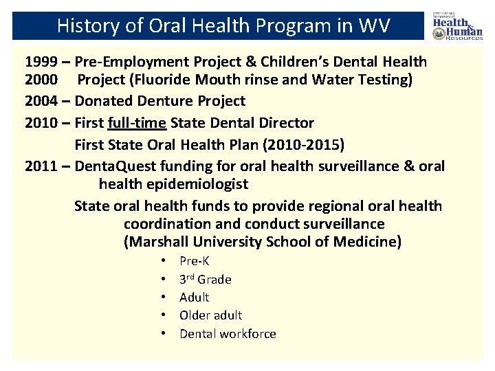 History of Oral Health Program in WV 1999 – Pre-Employment Project & Children’s Dental