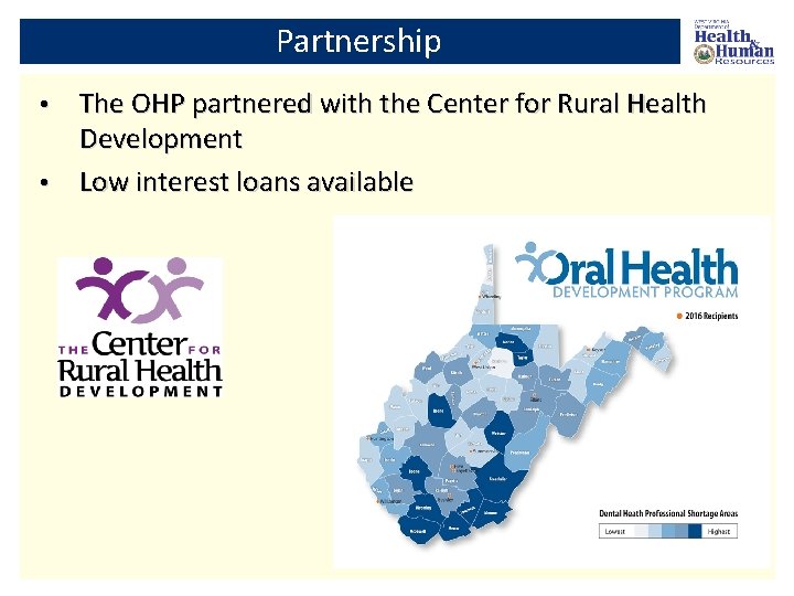 Partnership The OHP partnered with the Center for Rural Health Development • Low interest