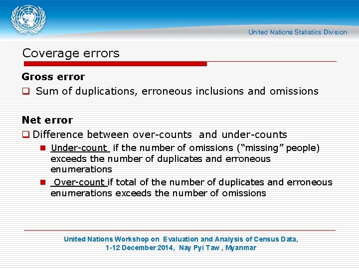 Coverage errors Gross error q Sum of duplications, erroneous inclusions and omissions Net error