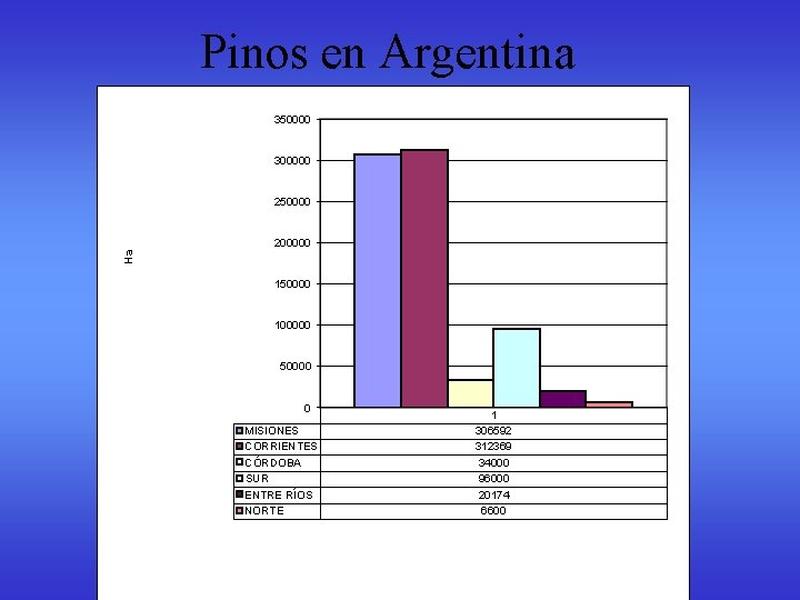 Pinos en Argentina 350000 300000 250000 Ha 200000 150000 100000 50000 0 MISIONES CORRIENTES Pinos en Argentina 350000 300000 250000 Ha 200000 150000 100000 50000 0 MISIONES CORRIENTES