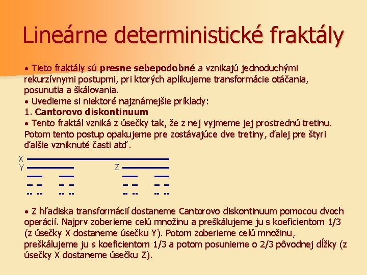 Lineárne deterministické fraktály · Tieto fraktály sú presne sebepodobné a vznikajú jednoduchými rekurzívnymi postupmi,