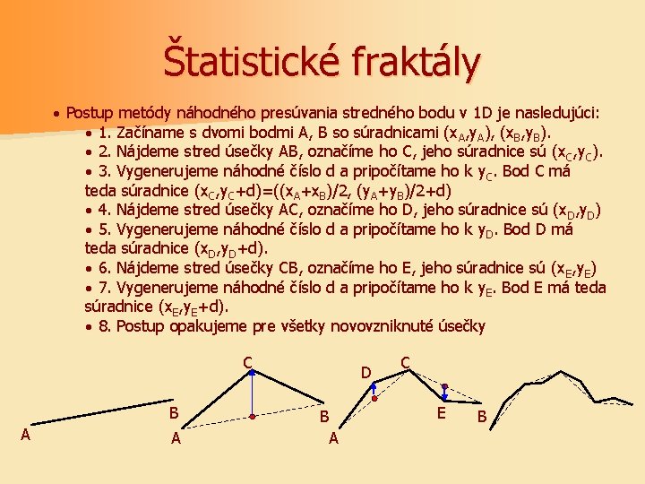 Štatistické fraktály · Postup metódy náhodného presúvania stredného bodu v 1 D je nasledujúci: