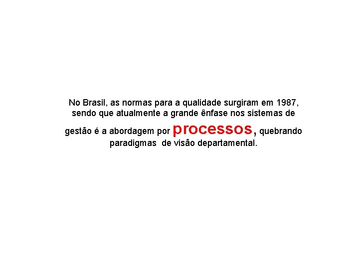 No Brasil, as normas para a qualidade surgiram em 1987, sendo que atualmente a