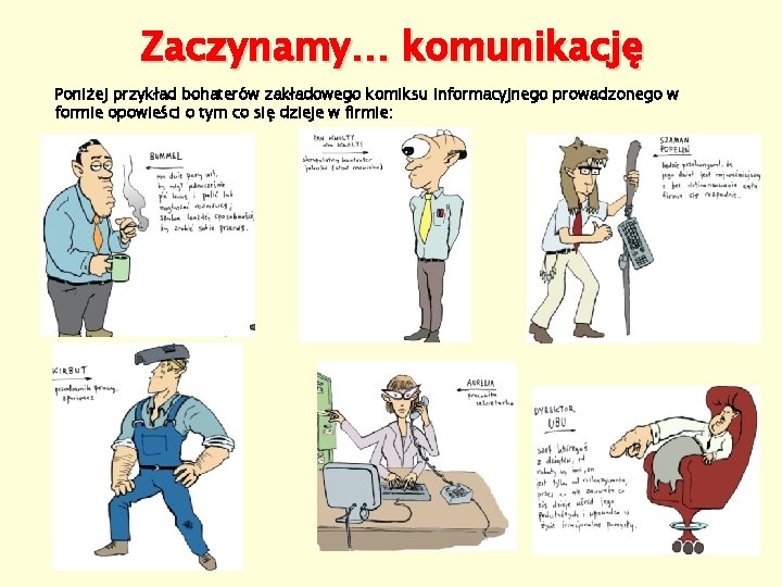 Zaczynamy… komunikację Poniżej przykład bohaterów zakładowego komiksu informacyjnego prowadzonego w formie opowieści o tym