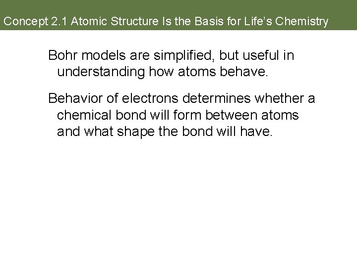 Concept 2. 1 Atomic Structure Is the Basis for Life’s Chemistry Bohr models are