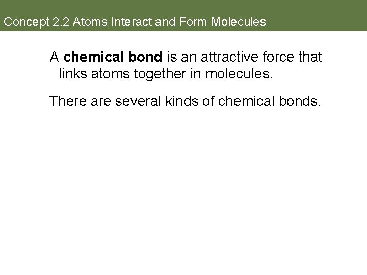 Concept 2. 2 Atoms Interact and Form Molecules A chemical bond is an attractive