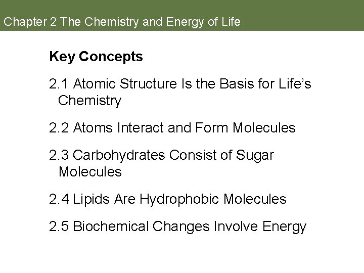 Chapter 2 The Chemistry and Energy of Life Key Concepts 2. 1 Atomic Structure