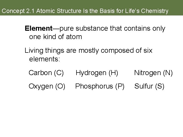 Concept 2. 1 Atomic Structure Is the Basis for Life’s Chemistry Element—pure substance that