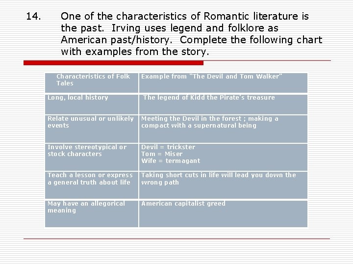 14. One of the characteristics of Romantic literature is the past. Irving uses legend