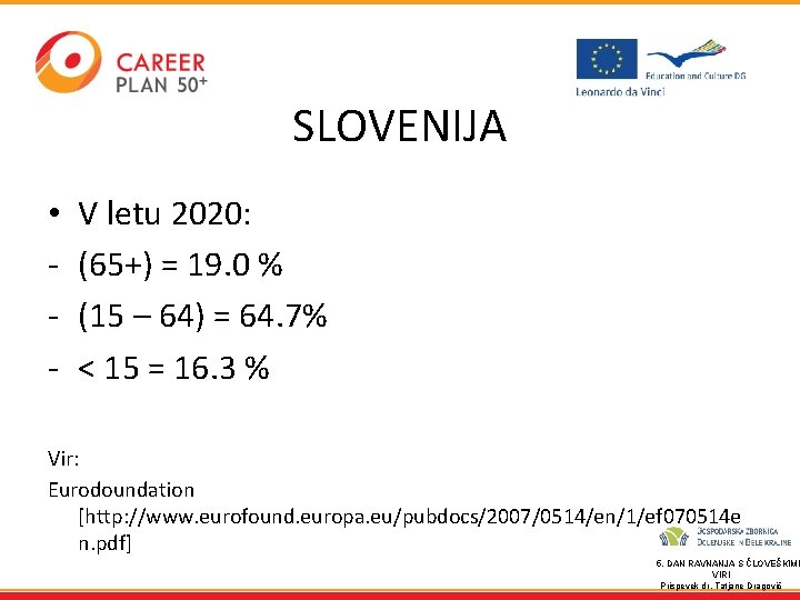 SLOVENIJA • - V letu 2020: (65+) = 19. 0 % (15 – 64)