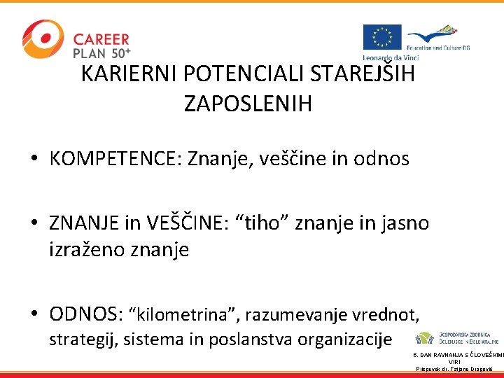 KARIERNI POTENCIALI STAREJŠIH ZAPOSLENIH • KOMPETENCE: Znanje, veščine in odnos • ZNANJE in VEŠČINE: