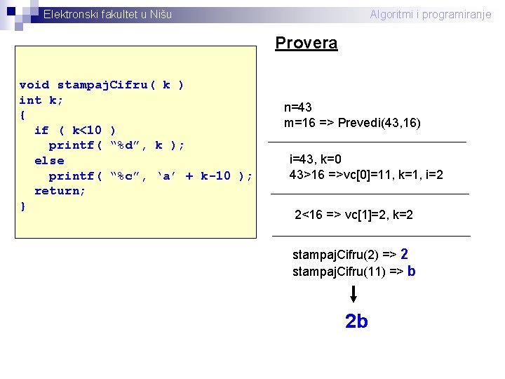 Elektronski fakultet u Nišu Algoritmi i programiranje Provera void stampaj. Cifru( k ) int