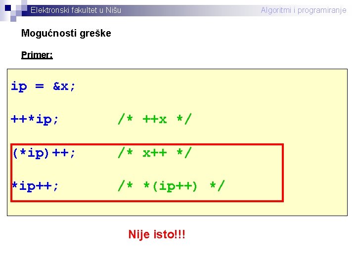 Elektronski fakultet u Nišu Algoritmi i programiranje Mogućnosti greške Primer: ip = &x; ++*ip;