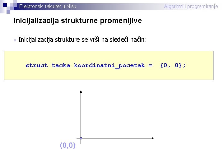 Elektronski fakultet u Nišu Algoritmi i programiranje Inicijalizacija strukturne promenljive n Inicijalizacija strukture se
