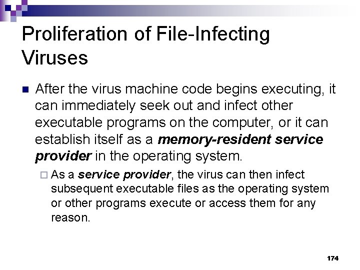 Proliferation of File-Infecting Viruses n After the virus machine code begins executing, it can