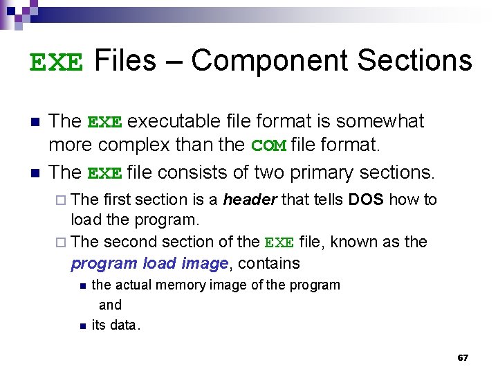 EXE Files – Component Sections n n The EXE executable file format is somewhat